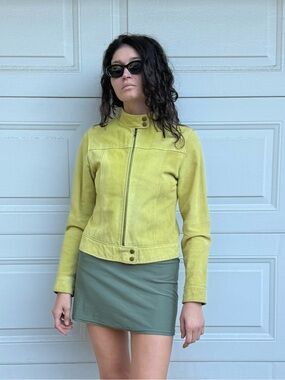 Yellow 90s Y2K  Suede Cafe Racer leather Jacket Zip-Front Gently Distressed